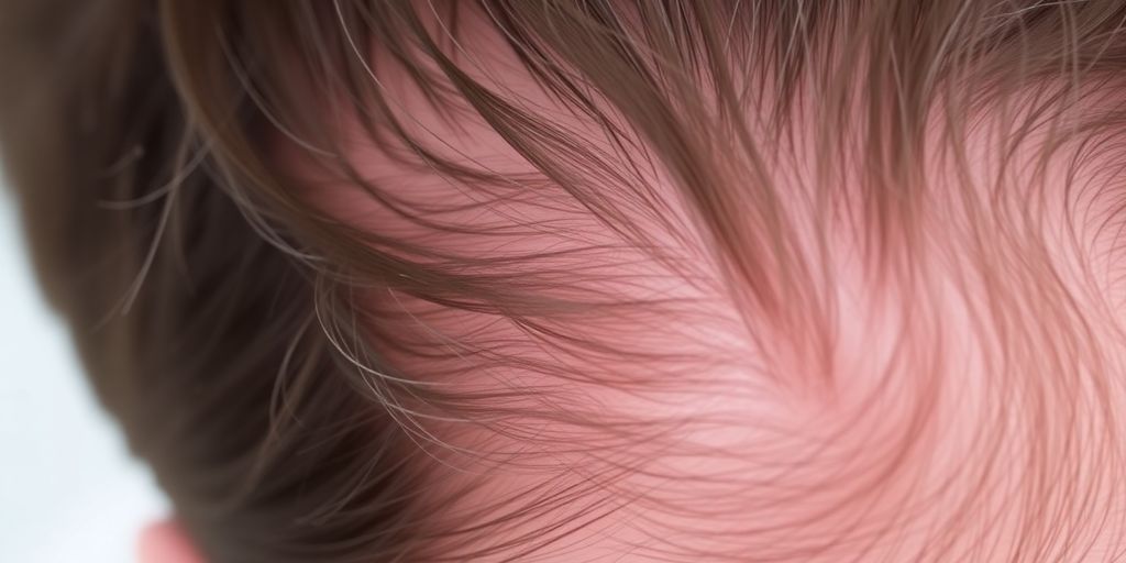 Person's scalp with visible hair thinning.