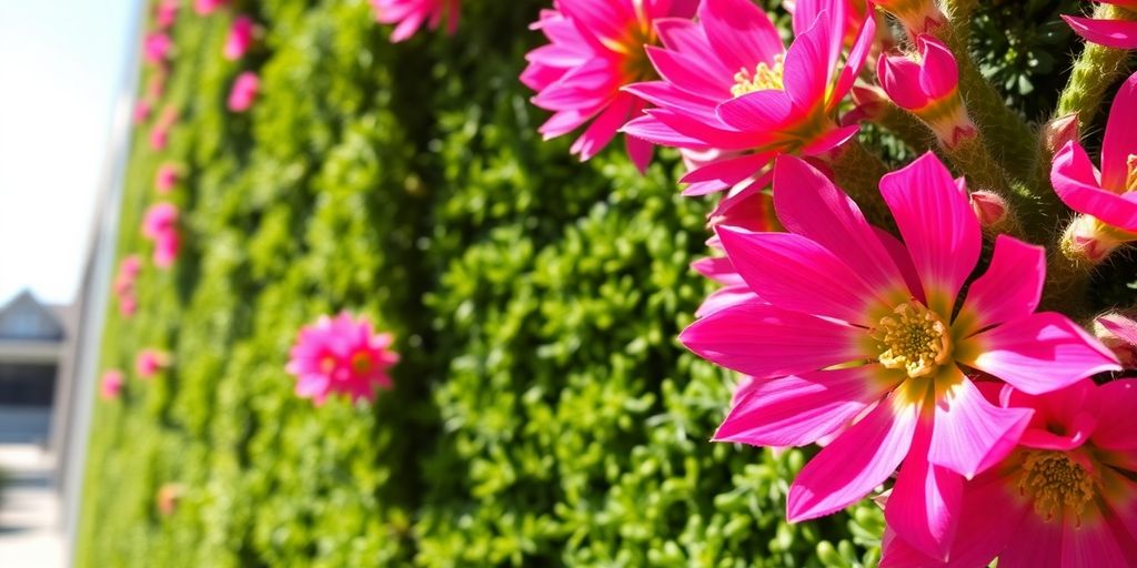 Echinopsis multiplex en jardín vertical, flores rosadas.