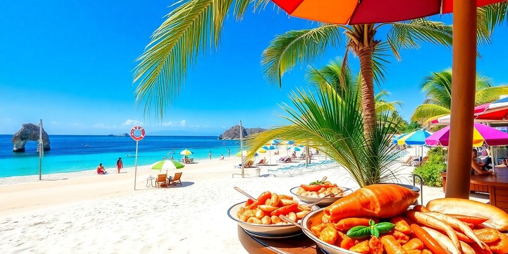 Beach and seafood dining scene in Cabo San Lucas.