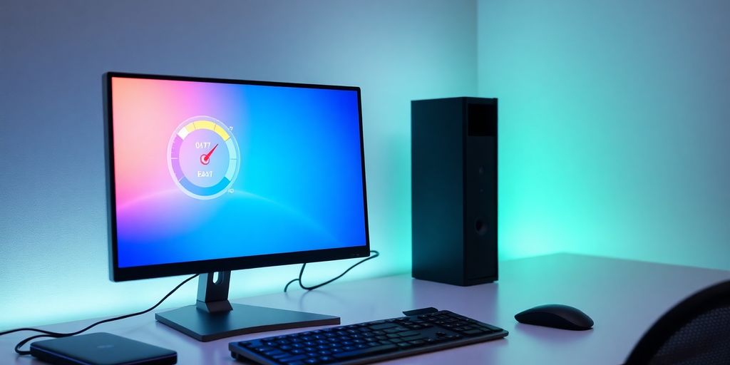 Computador moderno em uma mesa com acessórios organizados.