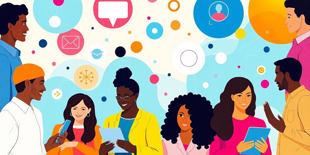 Diverse people connecting through technology in vibrant colors.