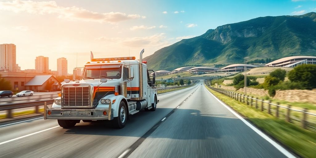 Tow truck on highway illustrating long-distance towing.