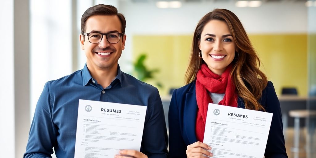 Man and woman holding resumes.