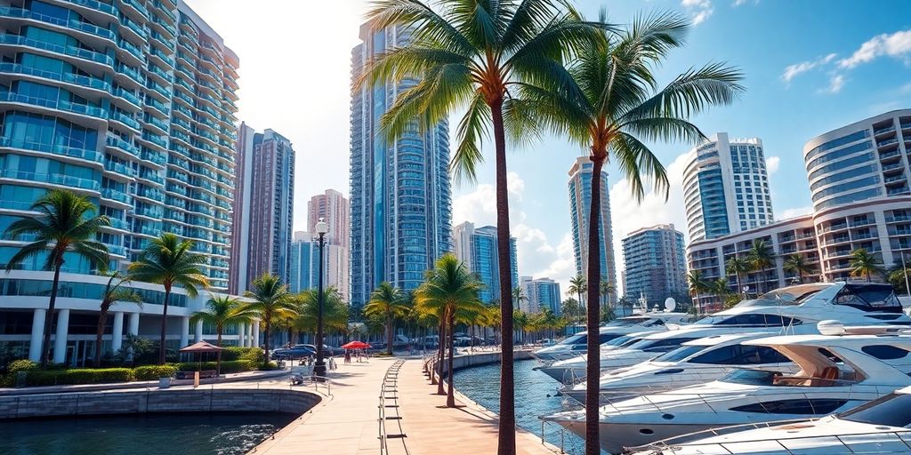 Aventura skyline, palm trees, and waterfront.