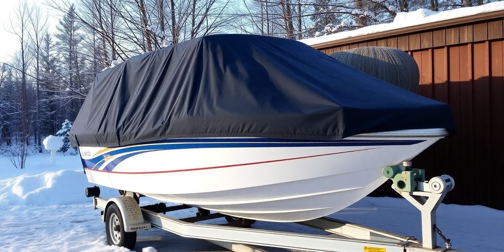 Boat covered for winter storage with supports in snow.