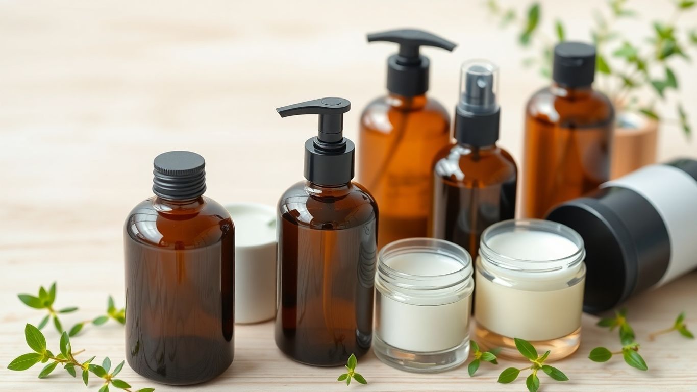 Refillable body care bottles on eco-friendly wooden surface