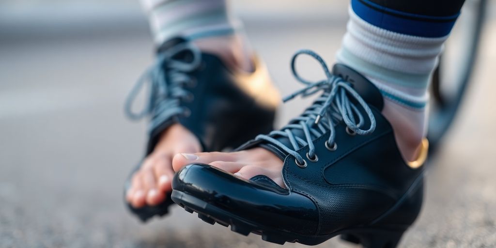 Cyclist's feet in tight cycling shoes.