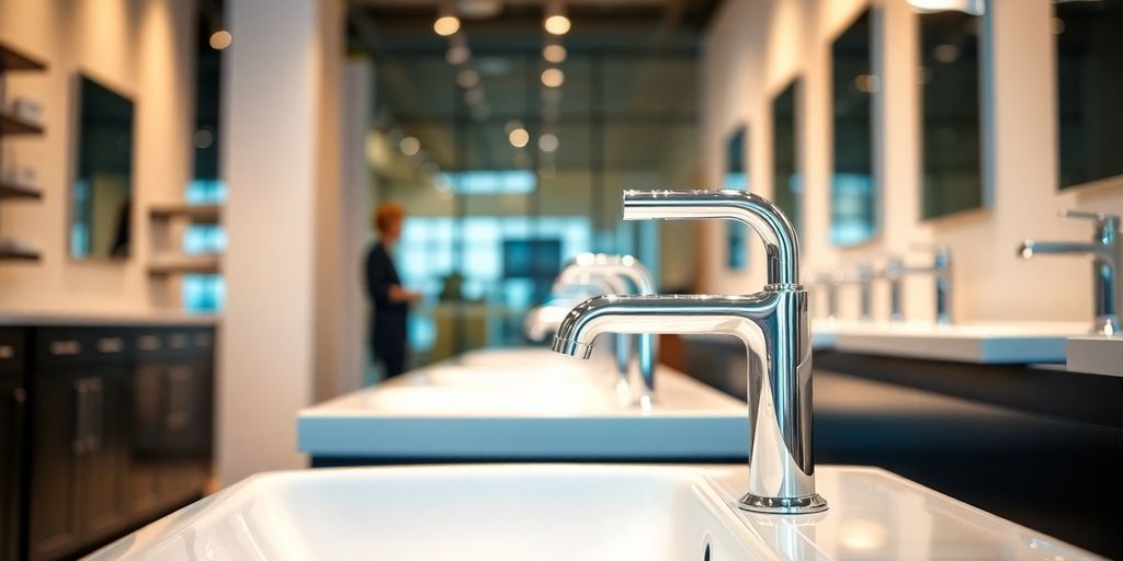 Modern bathroom showroom, sleek fixtures, bright lighting.