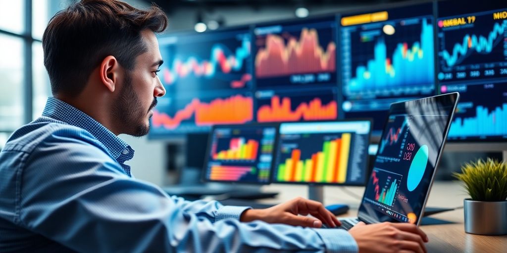 Financial analyst using AI technology at a desk.
