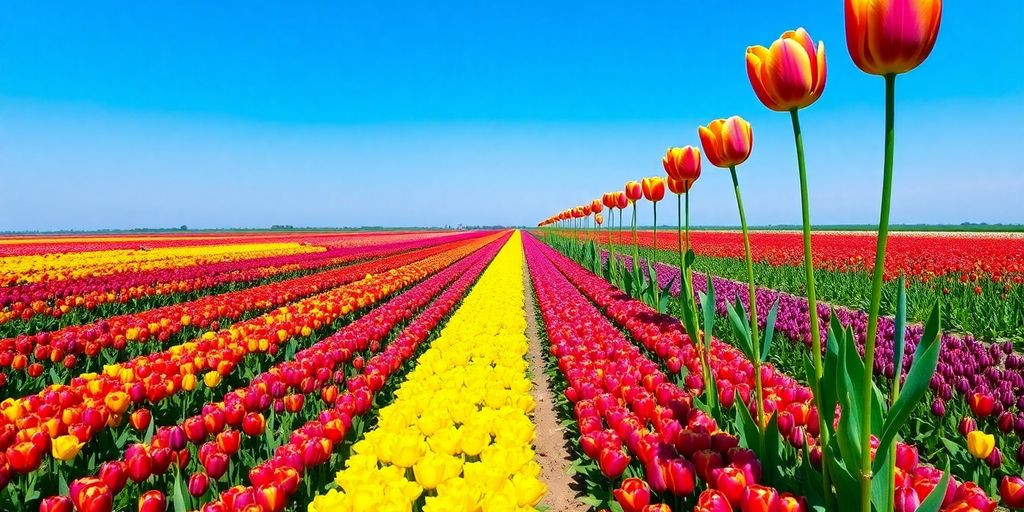 Vue aérienne des champs de tulipes aux Pays-Bas.