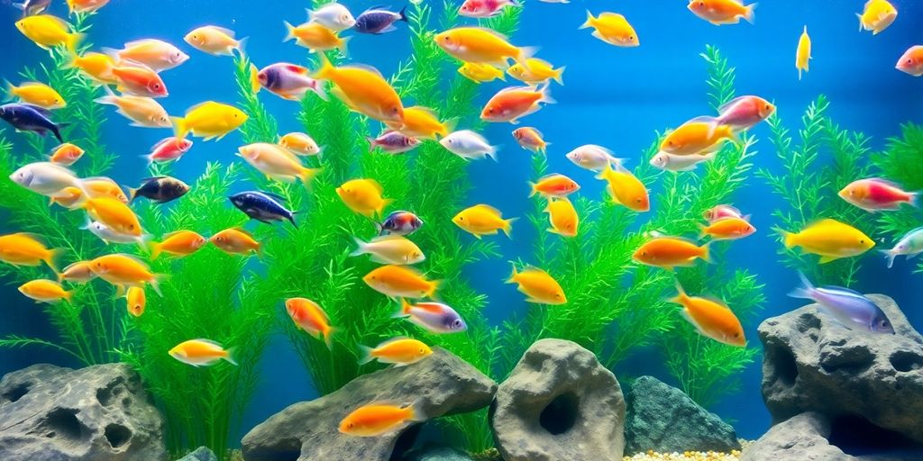 色彩斑斓的鱼在郁郁葱葱的水族馆环境中游动。