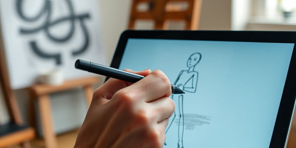 Artist's hand sketches figure on iPad screen.