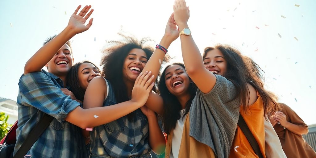 Adolescents heureux célébrant les résultats du bac.