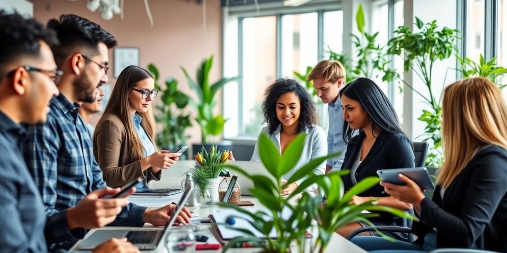 Diverse professionals collaborating in a modern office.