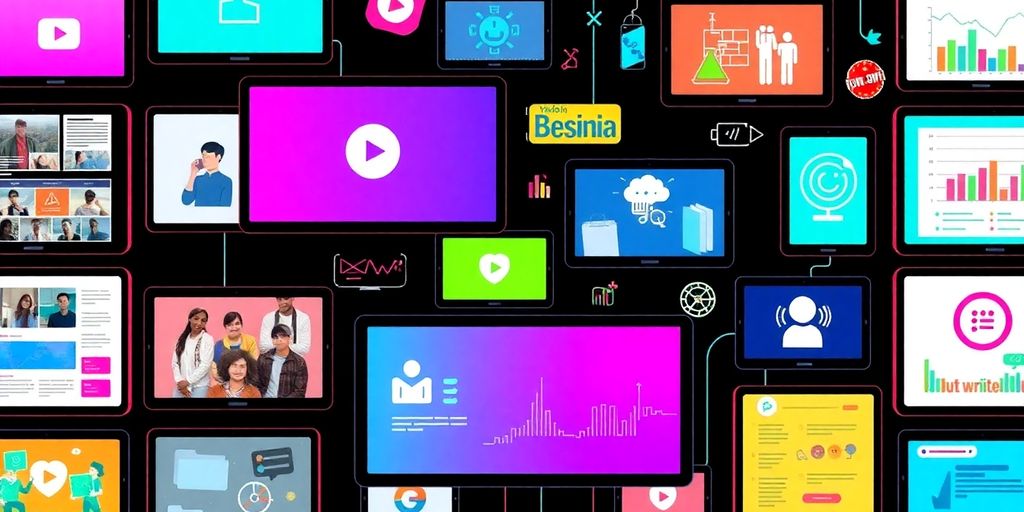Diverse content formats arranged creatively on various digital screens.