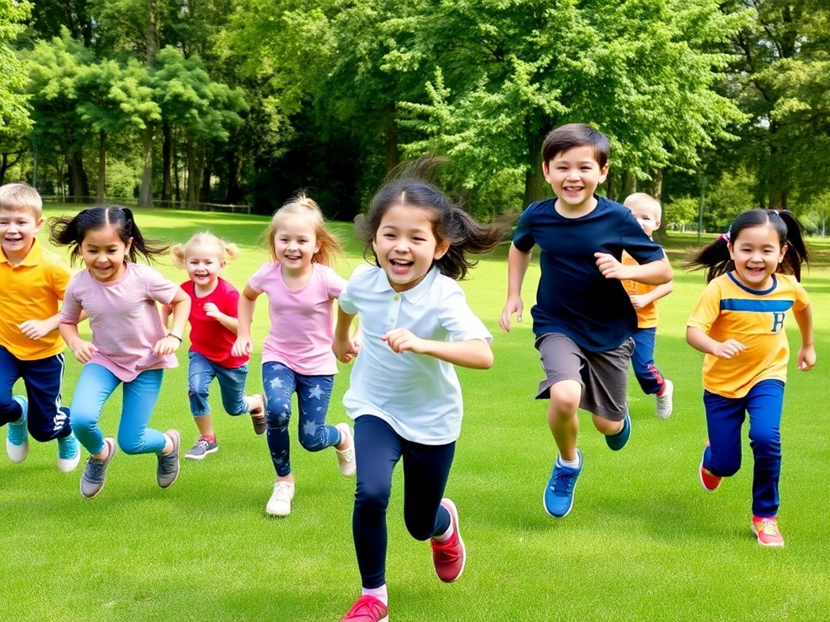 Copii jucându-se activ în parc, zâmbind și alergând.