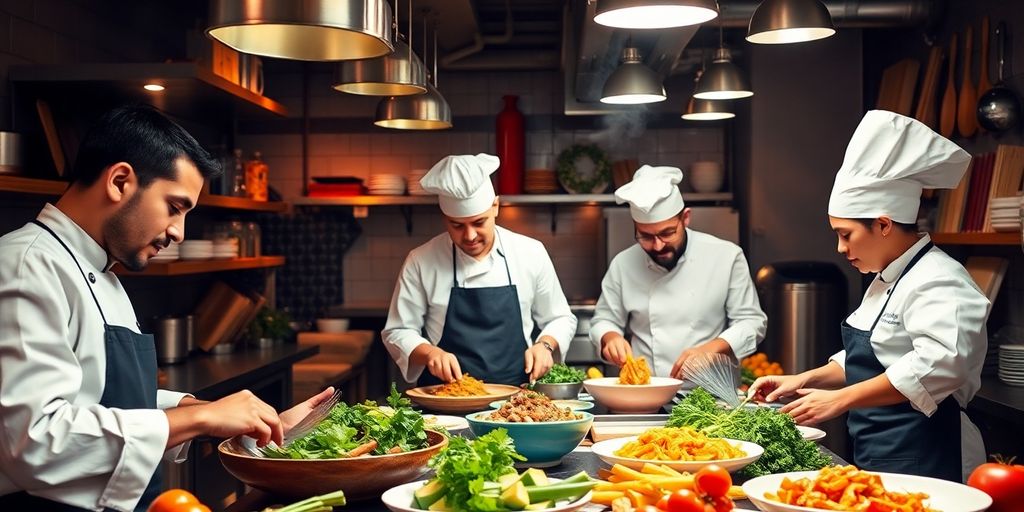 Chefs cooking in a lively kitchen with fresh ingredients.