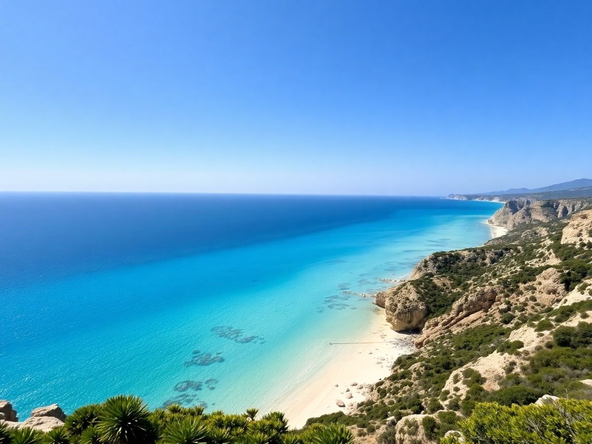 Turquoise waters lapping against a sun-drenched white sand beach.