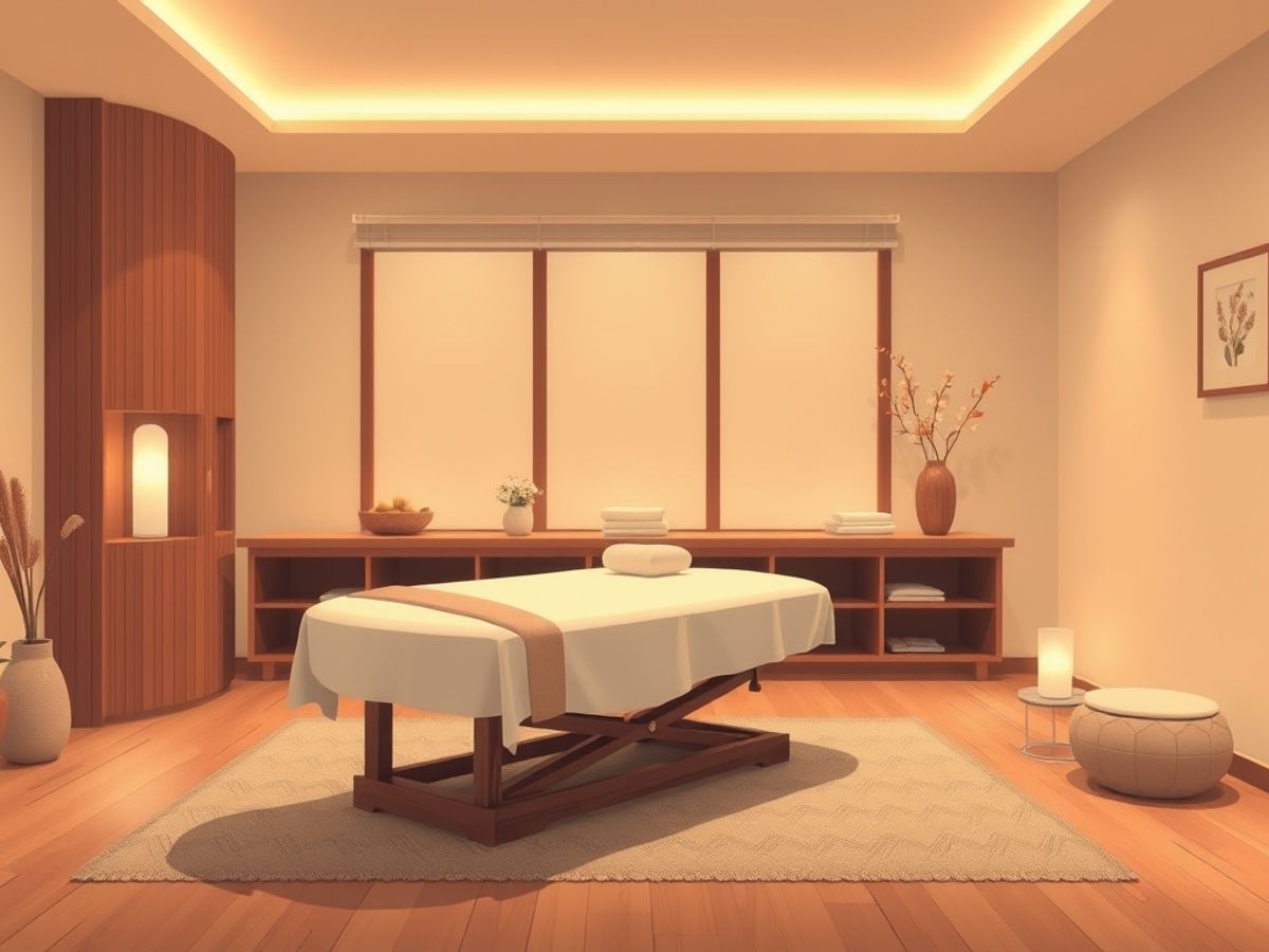 Serene massage room with table and calming decor.