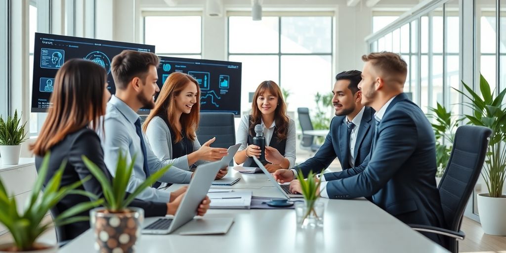 Profissionais colaborando em escritório moderno com tecnologia.
