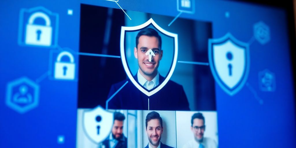 Computer screen with digital security icons and video call interface.