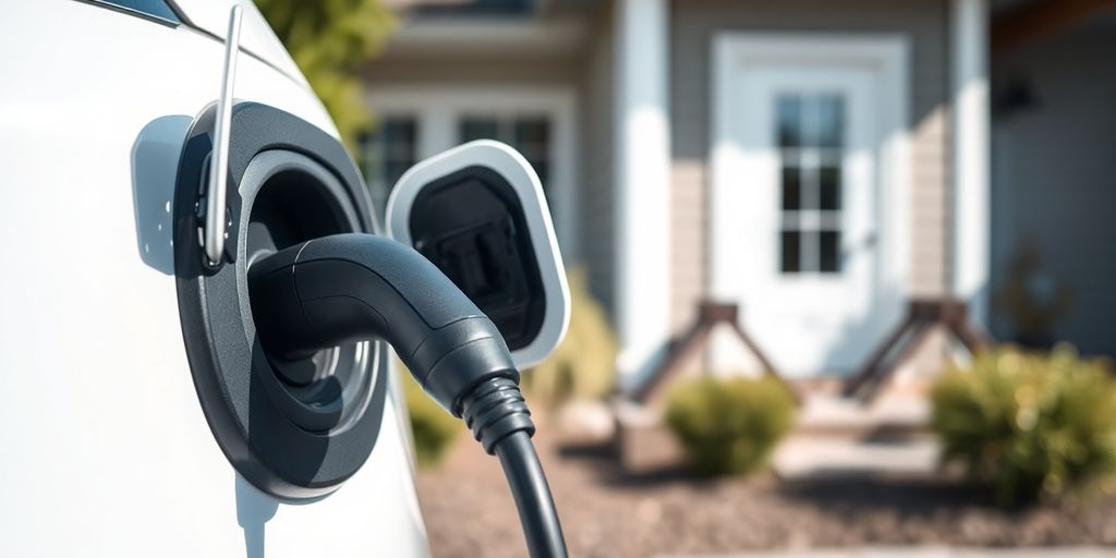 Electric vehicle charging port in a home setting.