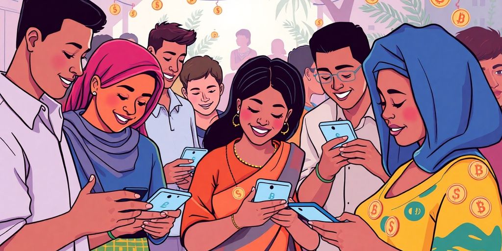 Diverse people using digital currencies in a community setting.