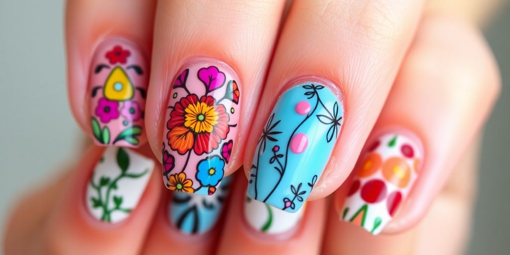 Unhas decoradas em cores vibrantes e estilos modernos.