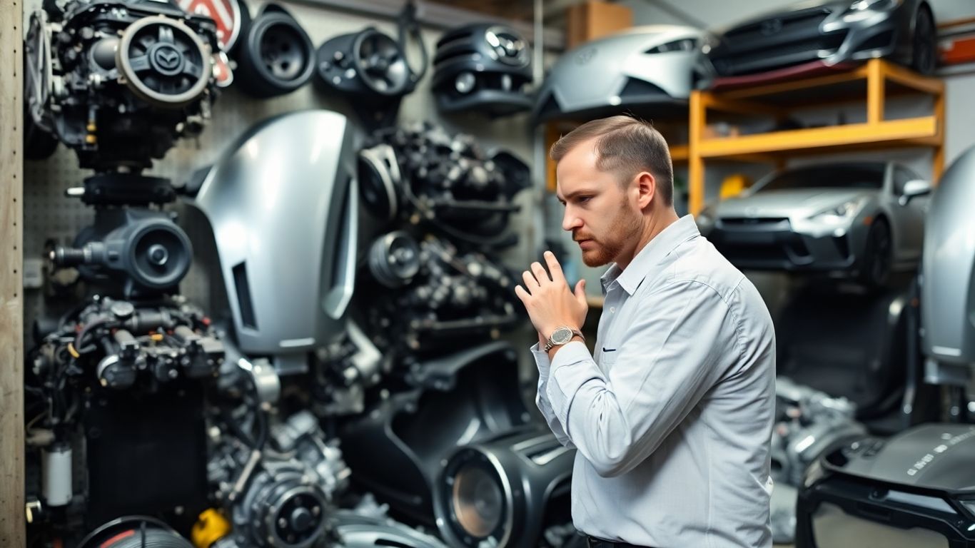 Mechanic inspecting Mazda car parts in a workshop.