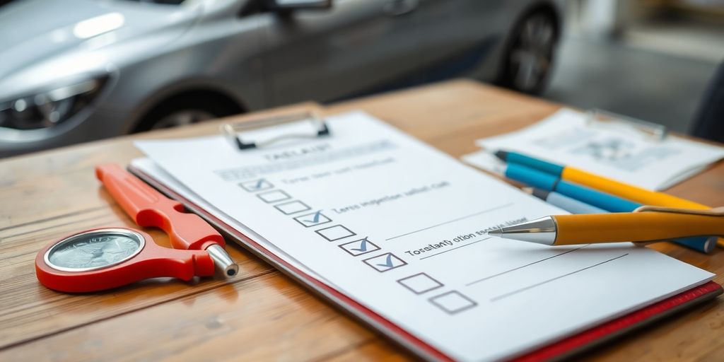 Prüfstelle mit Auto und Checkliste für die Hauptuntersuchung.