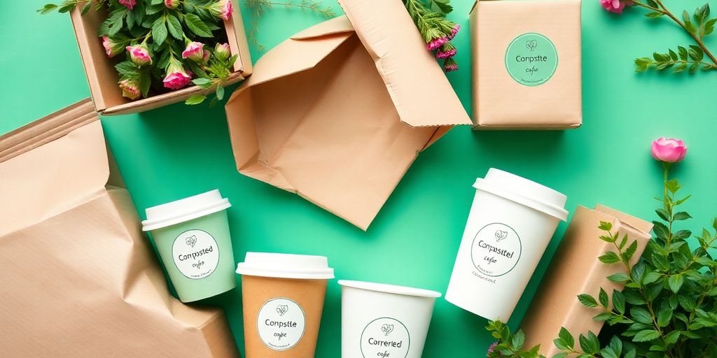 Sustainable coffee cups and boxes stacked neatly.