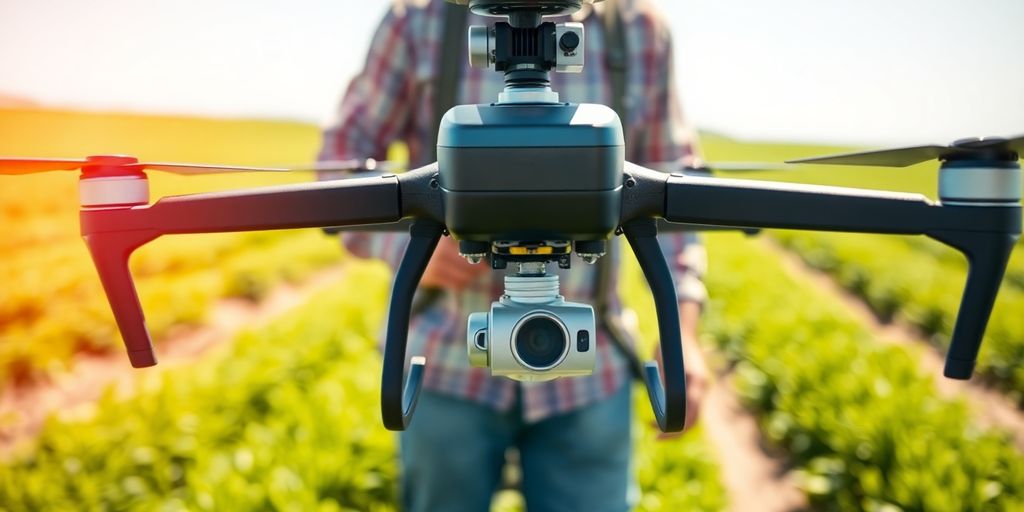 Farmer operating a drone in a vibrant green field.