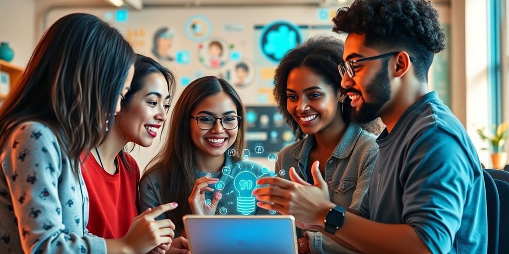 Diverse learners using AI technology in a bright classroom.