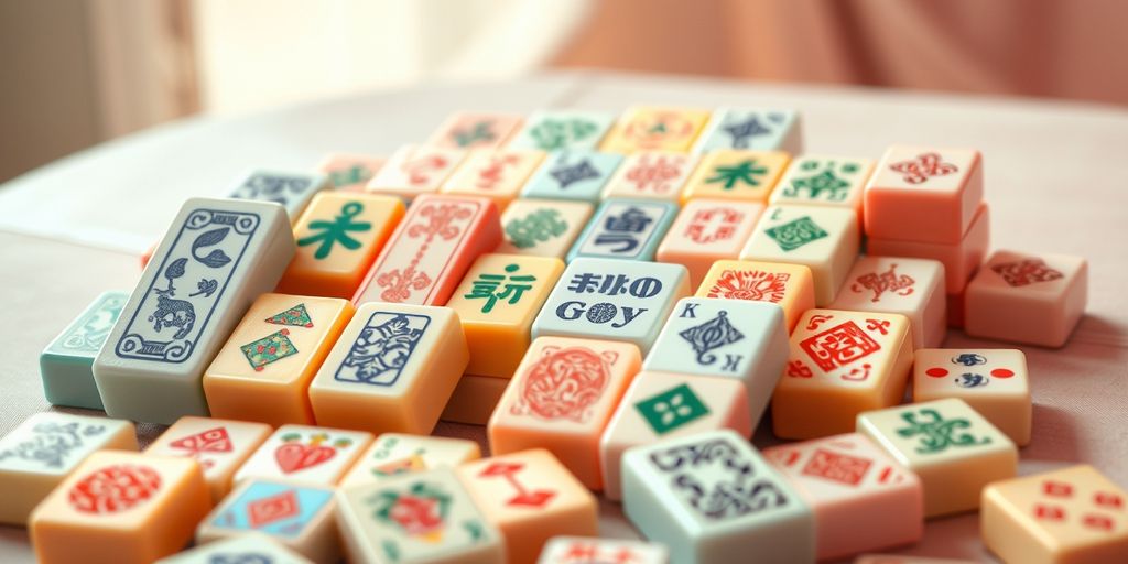 Colorful Mahjong tiles arranged artistically.