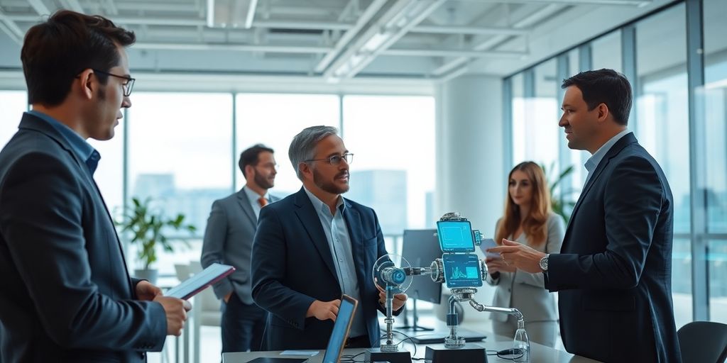 Profissionais discutindo em um escritório moderno com tecnologia.