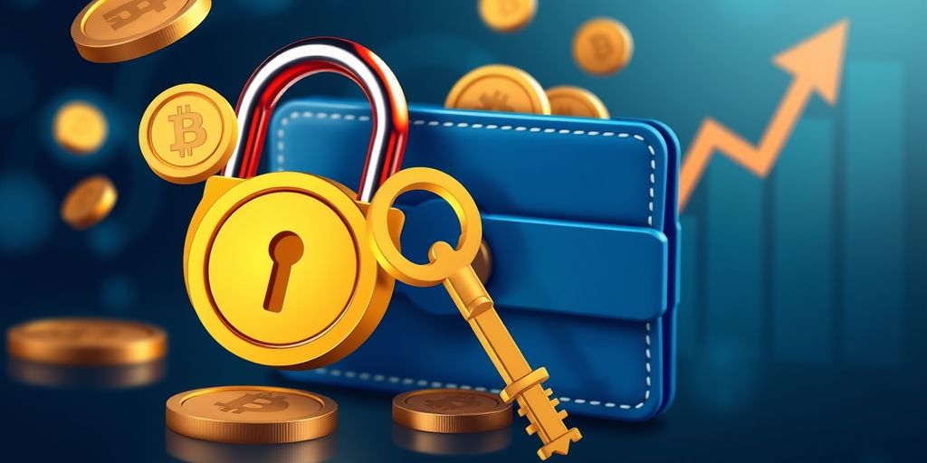 Digital wallet with coins and a golden key