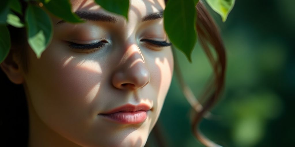 Serene person meditating outdoors, sunlit, calm expression.