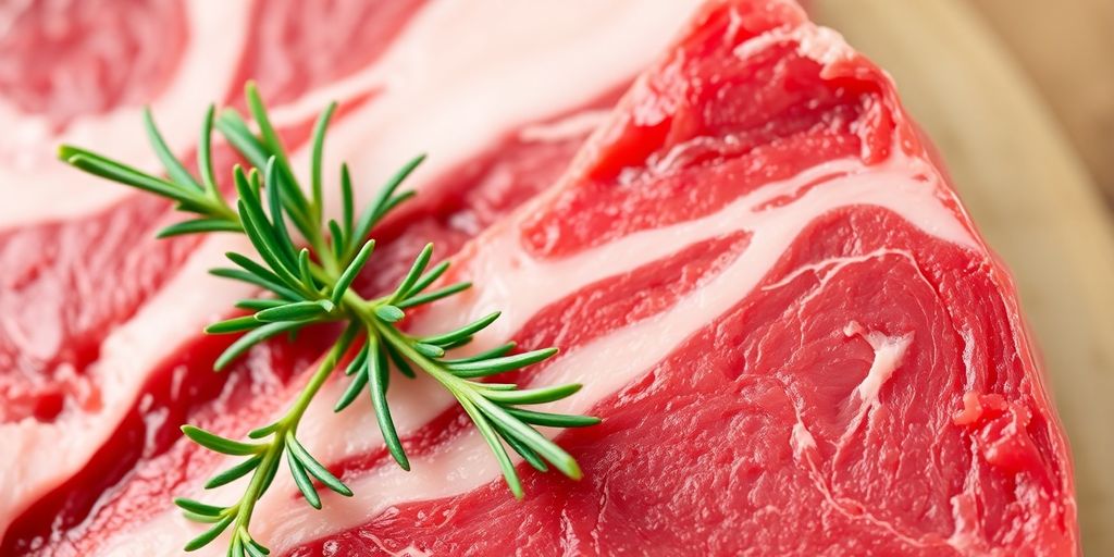 Lean beef cuts with visible marbling and a sprig of fresh herbs.