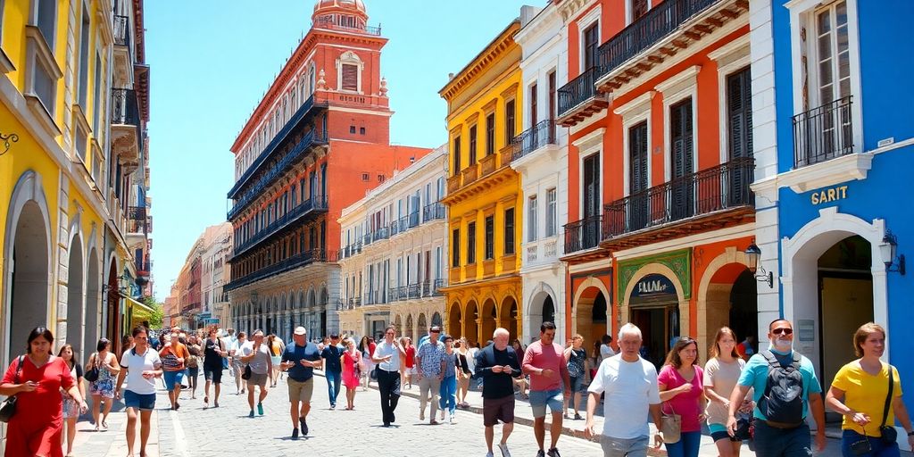 Colorful city street with people, historic buildings.