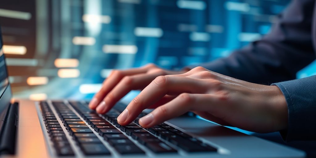 Trader's hands on keyboard, blurred stock ticker.
