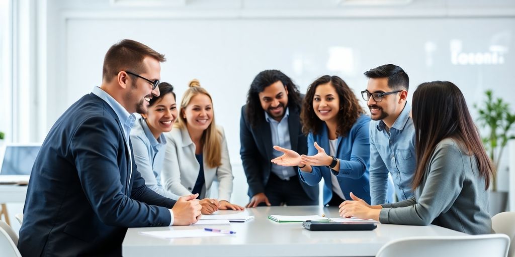 Diverse engineers collaborating, smiling, in modern office.