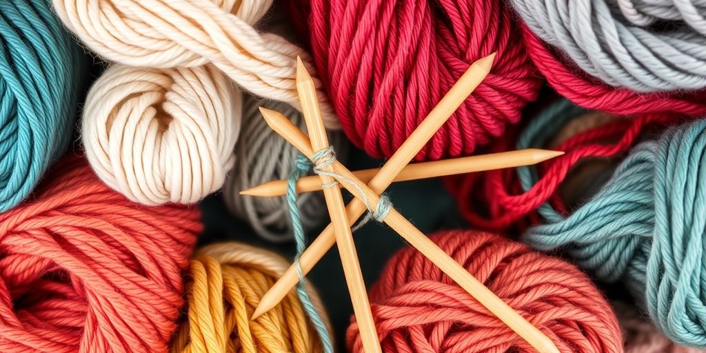 Skeins of colorful yarn with knitting needles