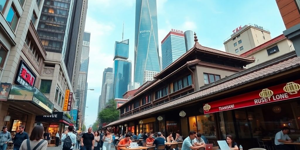Shanghai street scene with digital nomads and skyscrapers.