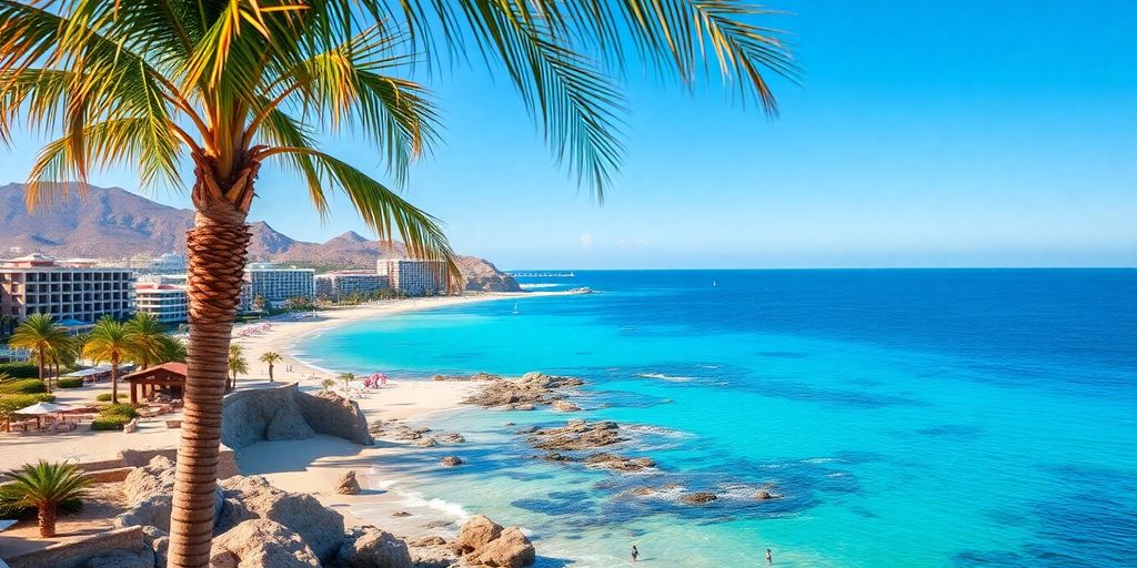 Los Cabos beach with luxury resorts and palm trees.