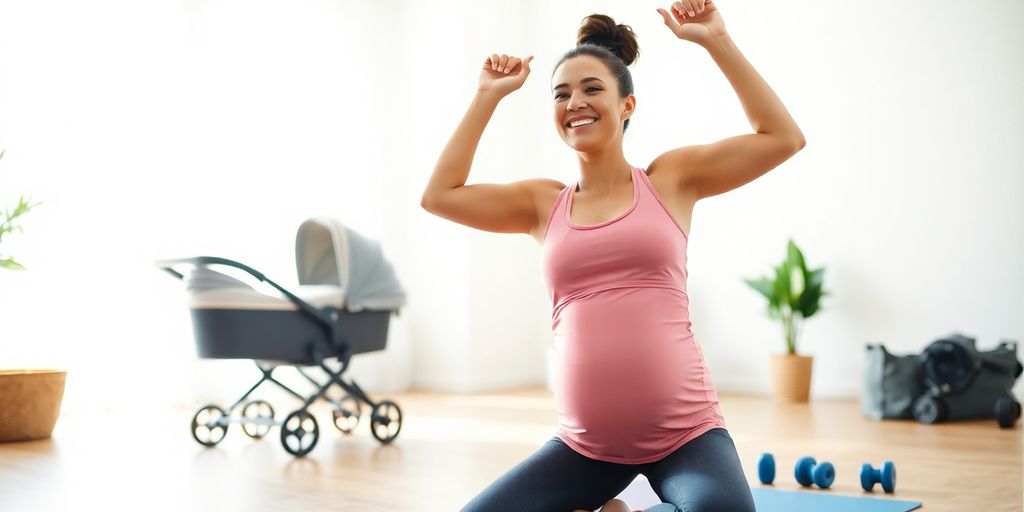 New mom exercising in a bright, airy room.