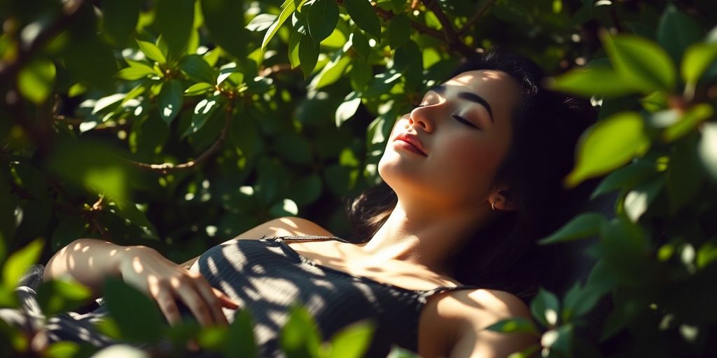 Calm person unwinding in a peaceful, sunlit natural setting.