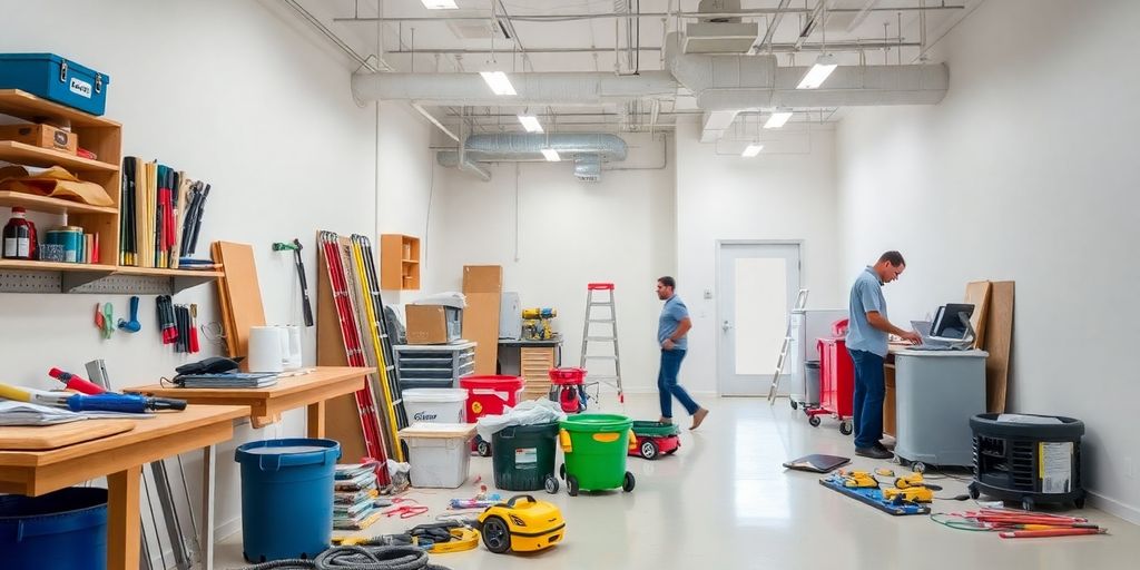 Restoration workspace with tools and equipment for repairs.