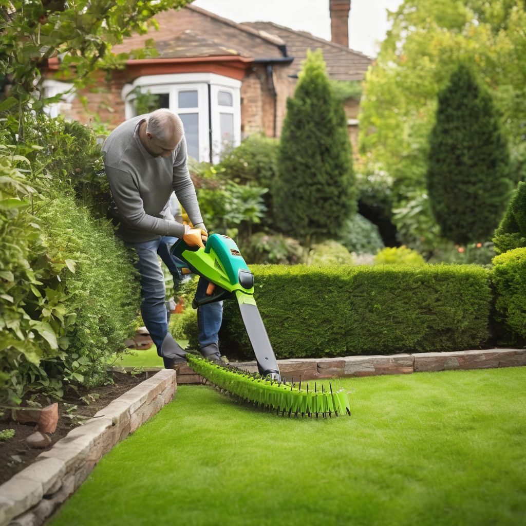 cordless hedge trimmer in a garden