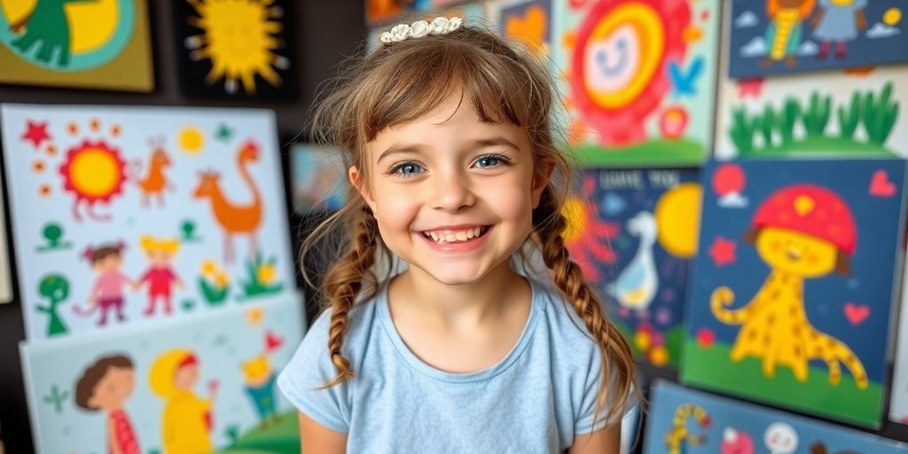 Child admiring colorful custom art.