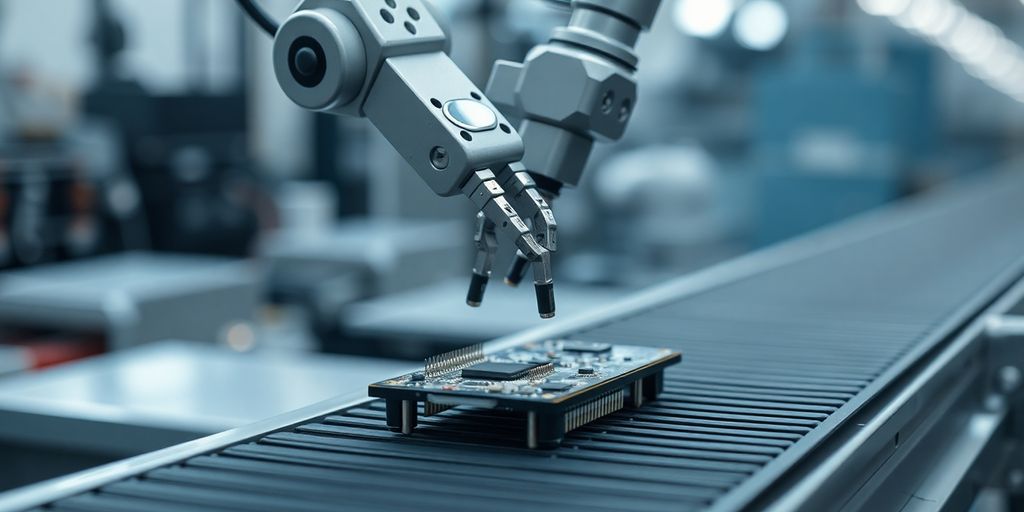 Robotic arm working on small manufactured goods.